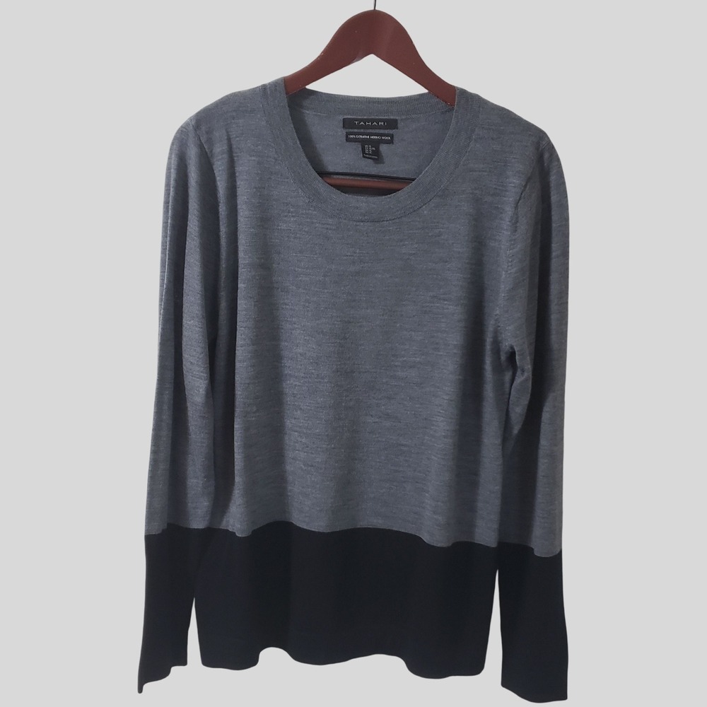 Tahari Extra Fine Merino Wool Sweater Gray Black Colorblock XL Long Sleeve Crew